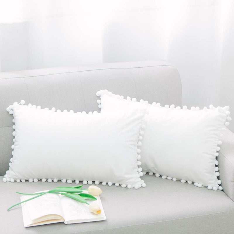 NATUS WEAVER White Velvet Decorative Throw Pillow Covers Pom Poms Soft Solid Square Lumbar Cushion Cases for Sofa Couch Bedroom Car, Pack of 2, 12 X 20 inches - Image 1